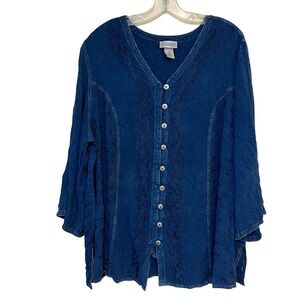 Catherines Blouse Top Shirt Blue Embroidered Button Front Rayon Plus Size 2X